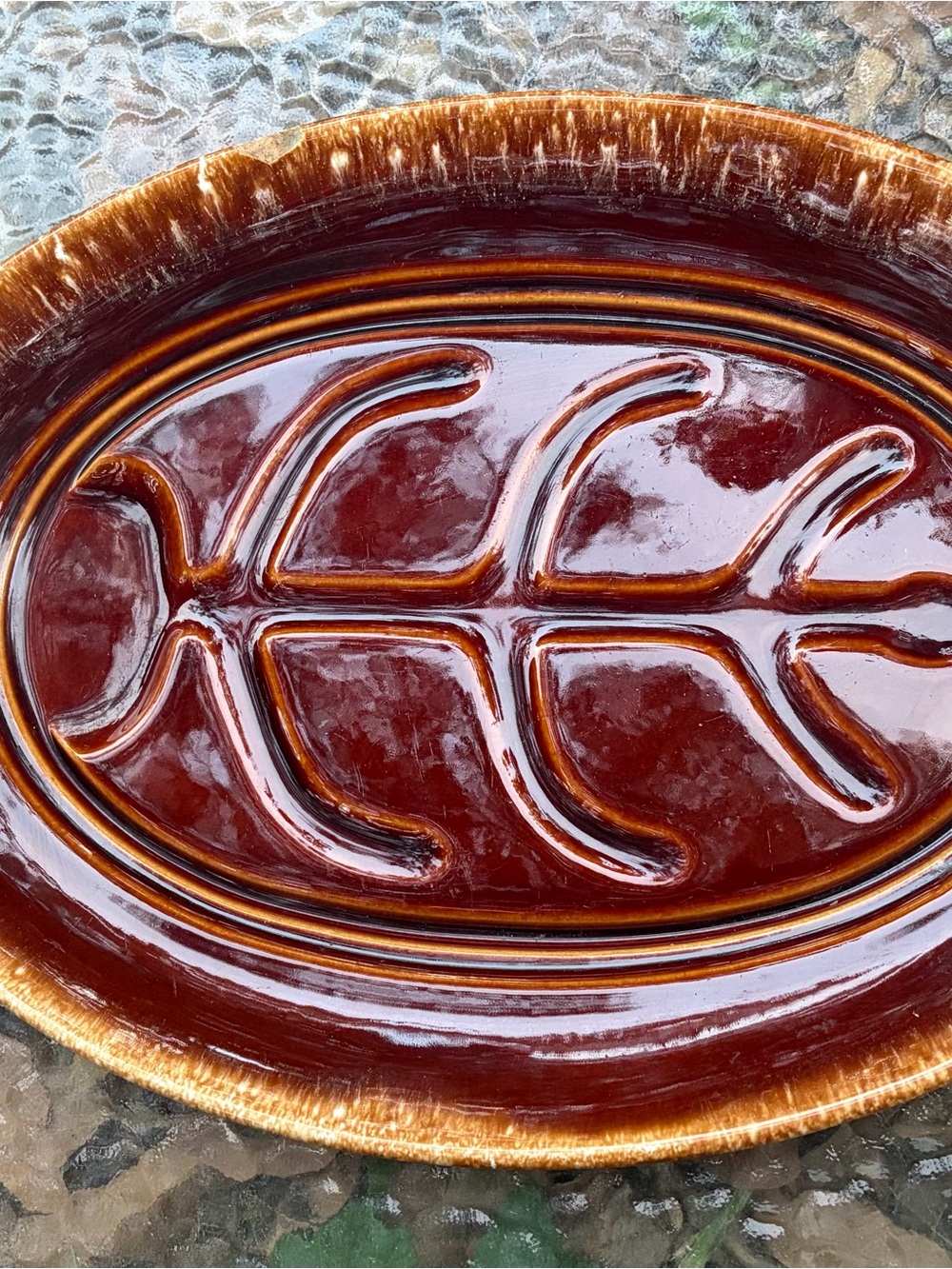 Brown Glazed Ceramic Leaf-Relief Serving Platter